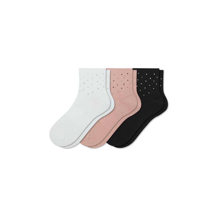 Women’s Rhinestone Rib Quarter Sock 3-Pack - Outdoor Run Pair
