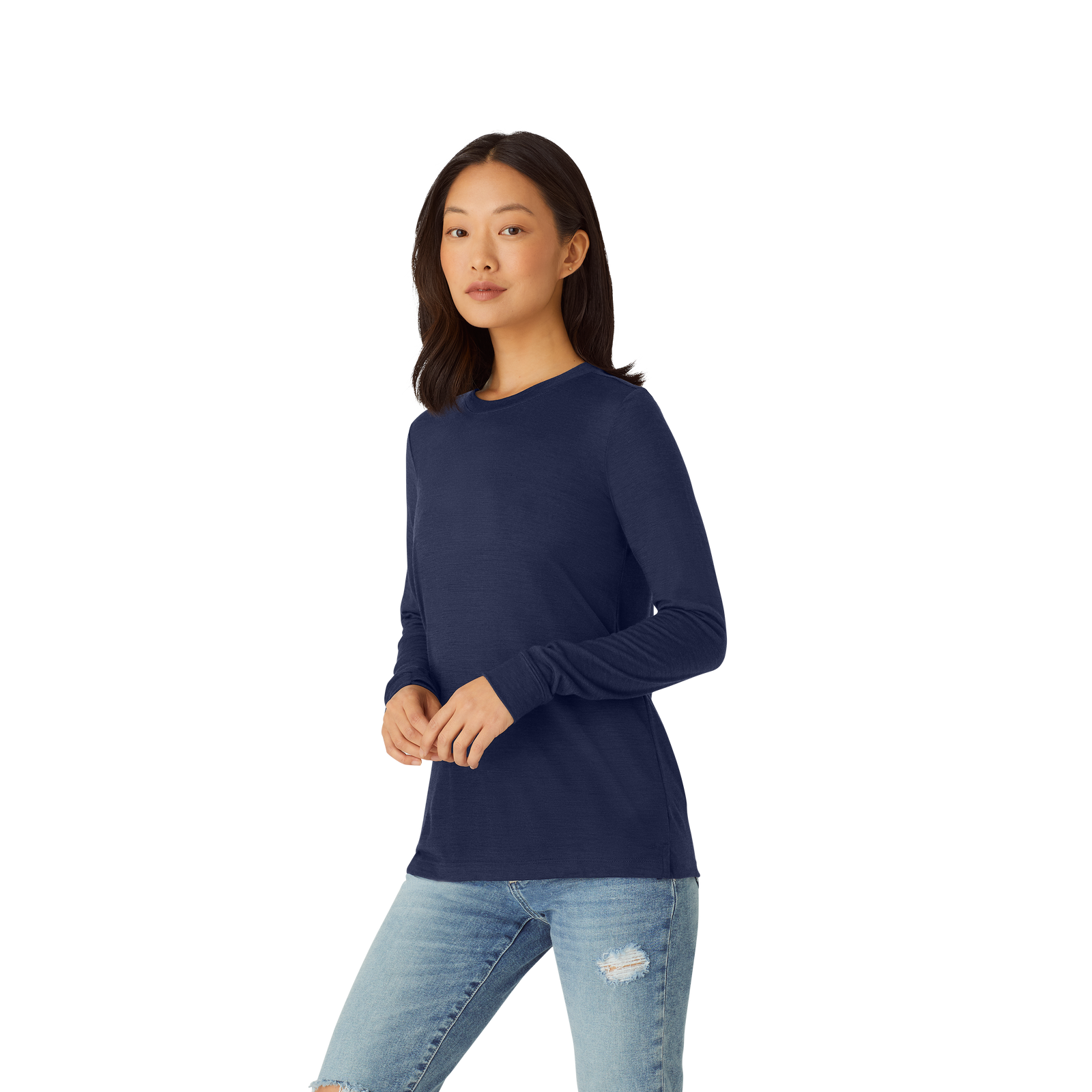 Merino Wool Blend Crew Neck Long Sleeve T-Shirt Navy WO2