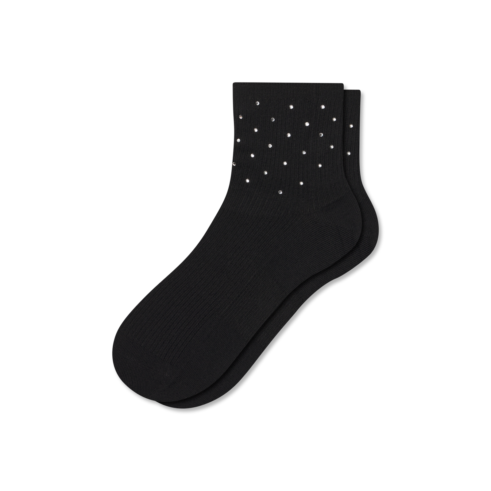 Lightweight Rhinestone Quarter Socks - black silver L [9724]