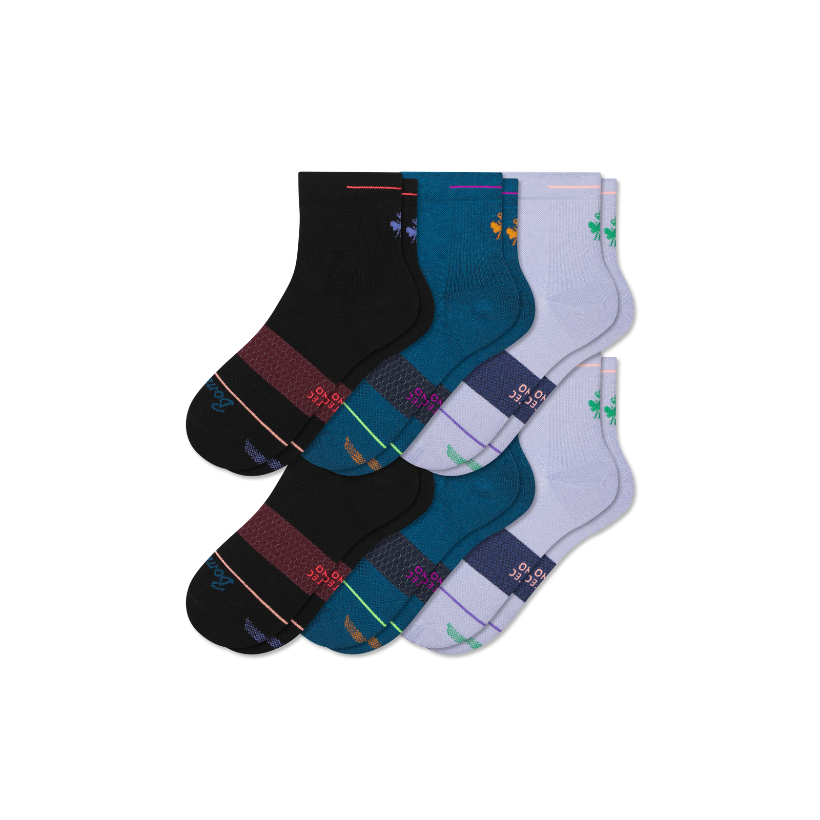 Men's Merino Wool Blend Athletic Quarter Sock 6-Pack - Black Teal Mix