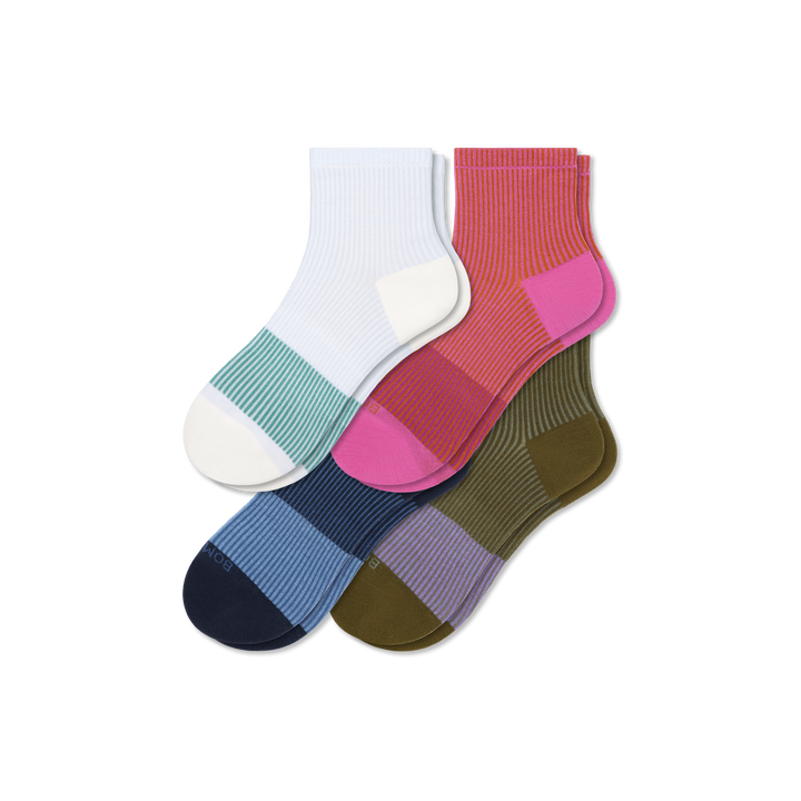 Women’s Lightweight Stripe Quarter Sock 4-Pack - Bold Pink Olive Mix L [8321]